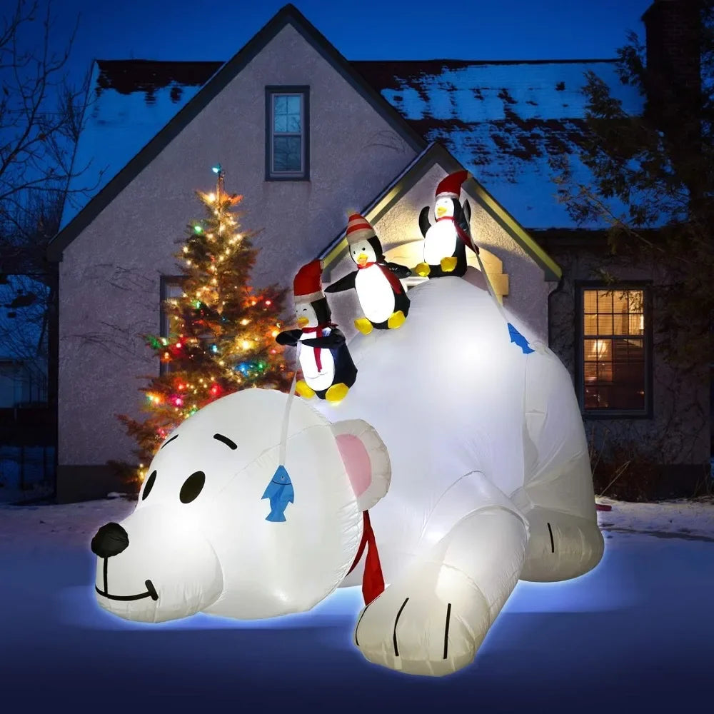 8 Feet Christmas Inflatable Decoration featuring Penguins Fishing on a Big Polar Bear!