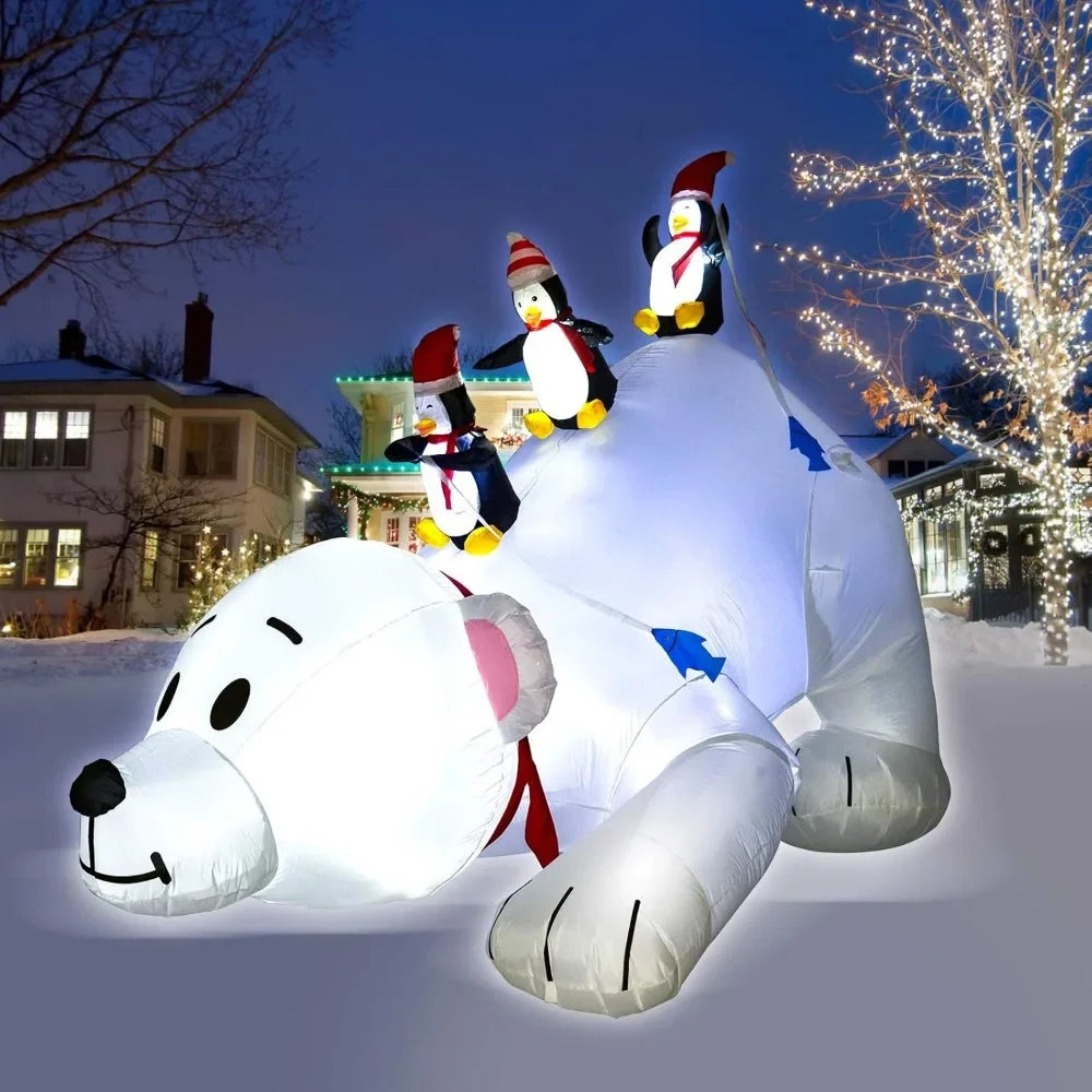 8 Feet Christmas Inflatable Decoration featuring Penguins Fishing on a Big Polar Bear!