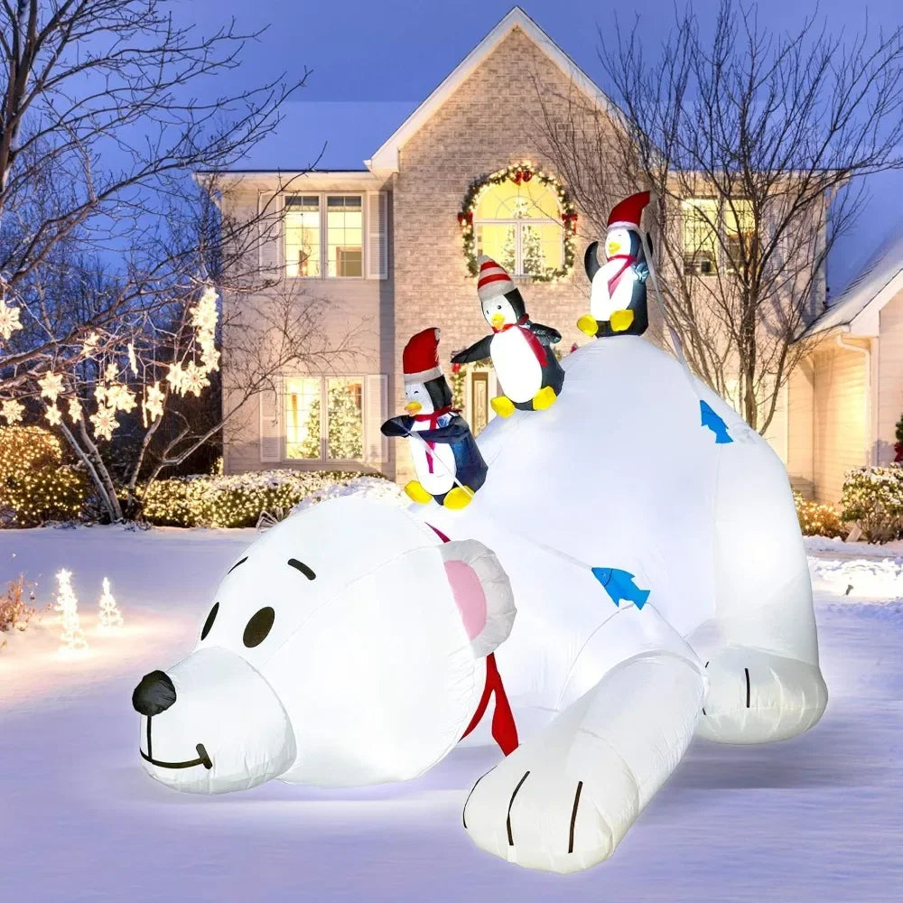 8 Feet Christmas Inflatable Decoration featuring Penguins Fishing on a Big Polar Bear!