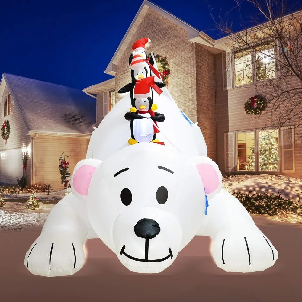 8 Feet Christmas Inflatable Decoration featuring Penguins Fishing on a Big Polar Bear!